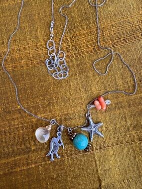 Silver Beach Charm Necklace with Turquoise and Coral Accents